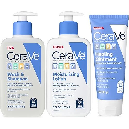 CeraVe Baby Bath Set, 8oz Wash & Shampoo + 8oz Moisturizing Lotion + 3oz Healing Ointment, Fragrance, Parabens, Phthalates, & Tear Free Baby Bath Essentials