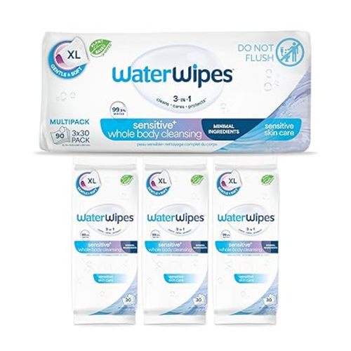 WaterWipes Sensitive Whole Body Cleansing Wipes, 99.9% Purified Water, XL Textured Wipes, Incontinence Care, Fragrance Free, 90 Count