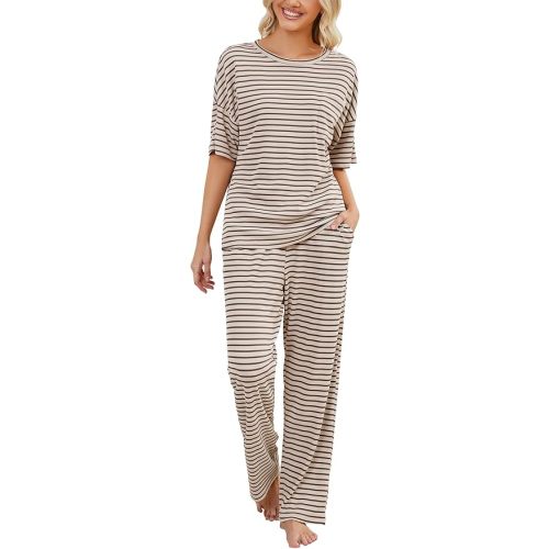 Womens Pajama Sets Waffle Knit Short Sleeve Shirt with Long Pajama Pants Soft Sleepwear Pj Lounge Sets