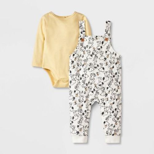 Baby Boys' Peanuts Snoopy 2pc Long Sleeve Bodysuit and Quilted Overalls Set - Yellow/Beige