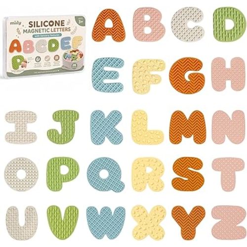 Silicone Magnetic Letters for Toddlers & Kids, 26 Uppercase Alphabet Magnets with Sensory Textures, ABC Magnets for Fridge & Whiteboard, Letter Recognition & Early Spelling Learning Toys