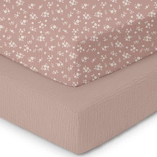 CoolaPeach Muslin Crib Sheets–100% Organic Cotton Baby Sheets for Boys & Girls,2 Pack Muslin Mini Crib Sheets for Toddler Mattress,Breathable Crib Mattress Sheets 28''x52''(Flower)