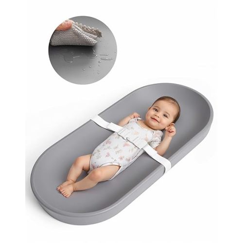 COMOMY Baby Changing Pad for Dresser - Wipeable & with Restraining Belt | Waterproof, Soft, Lightweight and Portable, Easy to Clean for On The Go Diaper Change, Oatmeal-Colored