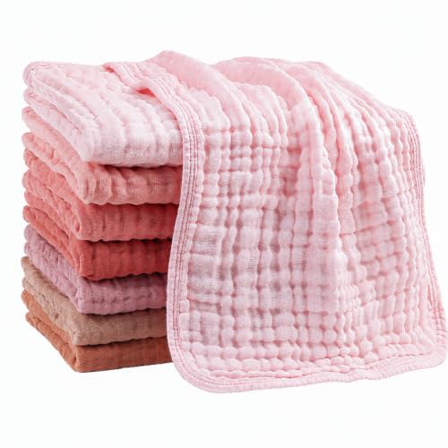 Muslin Burp Cloths for Baby Girls, Pack of 8, 6-Layer Large 20"x10" Organic Cotton Burping Cloths, Ultra Soft Absorbent, Spit Up Rags Drool Wash Cloths, Baby Registry Essentials