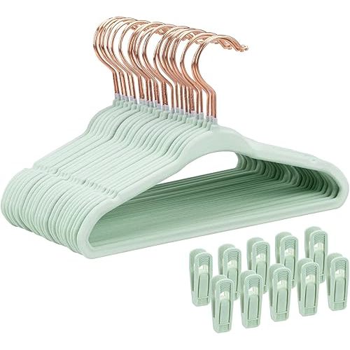 Tonswachic Baby Velvet Hangers 30 Pack - 11 Inch Premium Non Slip Kids Felt Hanger for Infant Clothes - Ultra Thin Baby Felt Hangers for Toddler Children's Closet with 10 Hanger Clips - Green
