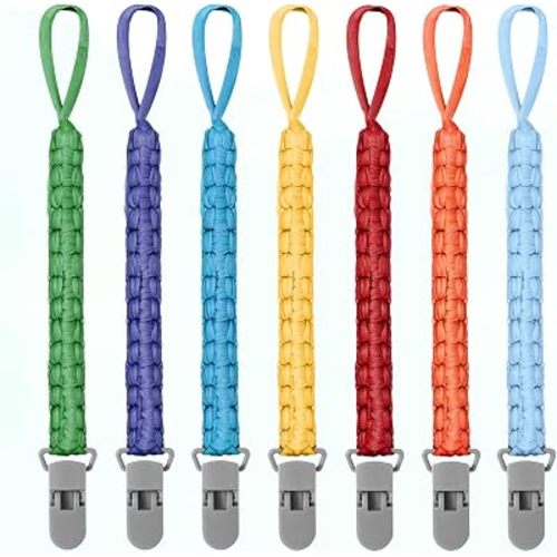 Pacifier Clip for Boys Girls Pacifier Holder Leash Boho Rainbow Plastic Clips Handmade Braided Cotton Unisex Baby Shower Birthday Gift Christmas Gift (7pack-Mixed Rainbow)