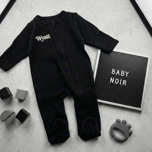 Matte Black Baby Footie, Minimalist Newborn Zipper Sleeper, Personalized Monochrome Outfit, Edgy Baby Shower Gift, Custom Name Romper
