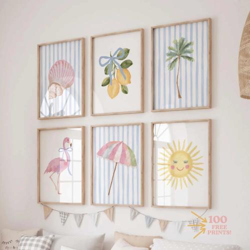 Coastal Nursery Print Set (6): Pink Blue Beach, Summer Art (Digital Download)