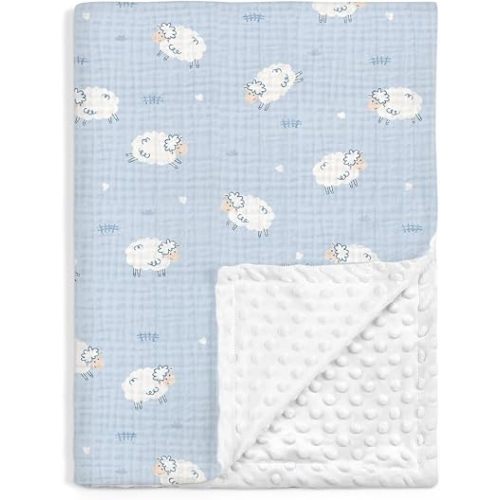 SANDJEST Little Sheep Minky Muslin & Dotted Blanket 30x40 in Gift for Holiday, Gender Reveal Party, Hospital Visit, Baptism