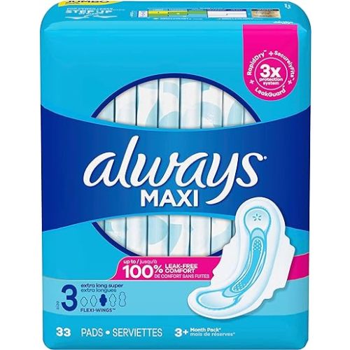 Always Maxi Size 3 Feminine Pads with Wings, Extra Long Super Absorbency, Unscented, 33 Count