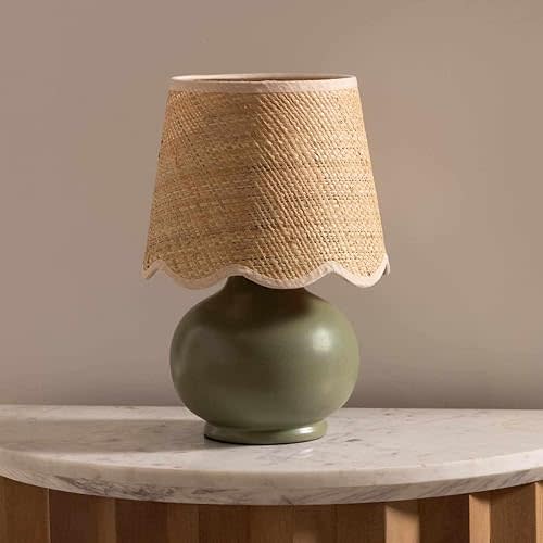 Bedside Lamp for Bedroom Nightstand - Shade Rattan - Green, Beige - 13" H