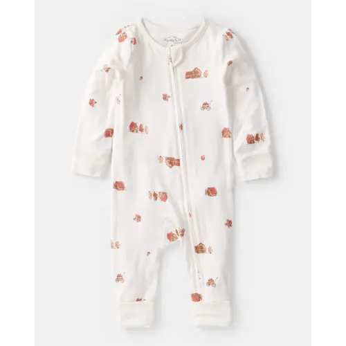 Baby Barn Print PurelySoft Long-Sleeve 2-Way Zip Sleep & Play Pajamas - White | Carter's