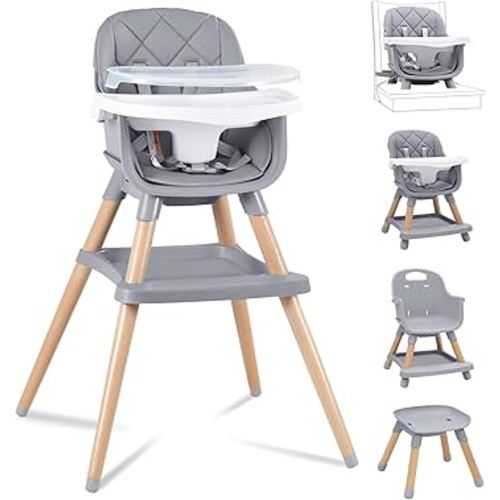 Babyliebe Baby High Chair, 8 in 1 Convertible Wooden High Chair for Babies and Toddlers, Converts to Booster Seat, Toddler Chair & Stool, with Removable Double Tray, Adjustable Legs & Footrest, Gray