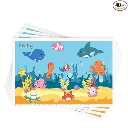Babebay Disposable Stick-on Placemats 40 Pack for Baby & Kids & Toddler, Sticky Placemats Restaurant Table Mats 12" x 18" (Seabed Scuba)