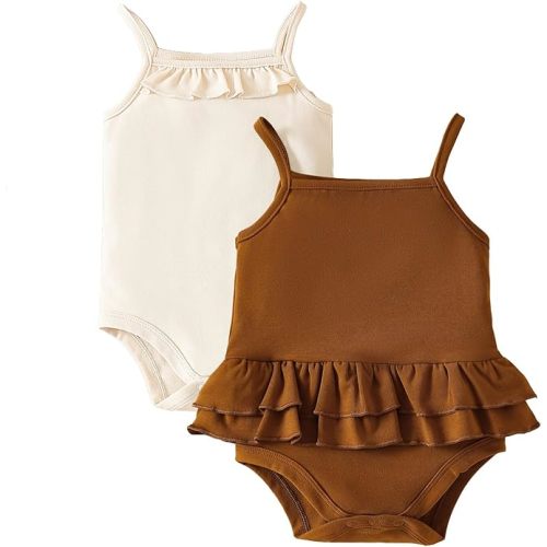 ROMPERINBOX Tank Top Onsies Baby Girl 2 Pack Sleeveless Bodysuit Spaghetti Strap Summer Clothes for Infants (Apricot/Brown, 0-3 Months)