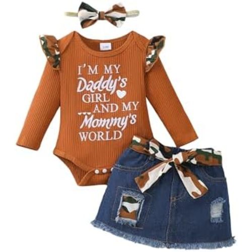 Kucnuzki Newborn Baby Girl Clothes Toddler Long Sleeve Ruffle Romper Top Infant Skirt Set Little Girl Overall Dress