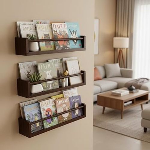Deep Walnut Nursery Floating Shelves Set of 3– Wall Mounted Kids Bookshelf & Toy Organizer – 16 Inch Rustic Pine Hanging Display Book Shelves for Bedroom, Playroom, and Baby Decor