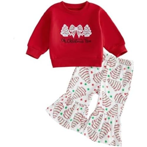Toddler Girl Christmas Outfit Tree Embroidery Crewneck Sweatshirt Flare Pants Sets Kids Fall Winter Clothes