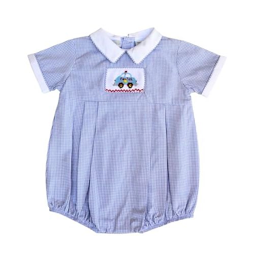 Carriage Boutique Baby Boy Short Romper Grey Checkered Hand Smocked Police Car on Creeper