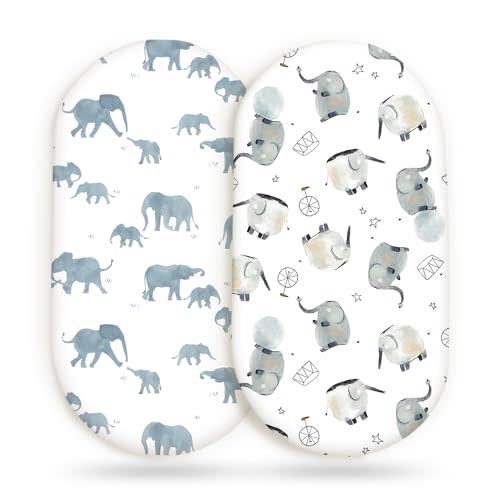 GRSSDER Stretchy Ultra Soft Fitted Bassinet Sheet Set 2 Pack, Universal Fitted for Bassinets Baby Cradle Moses Basket Oval Rectangle Mattress Safe and Snug, Cute Elephant Print