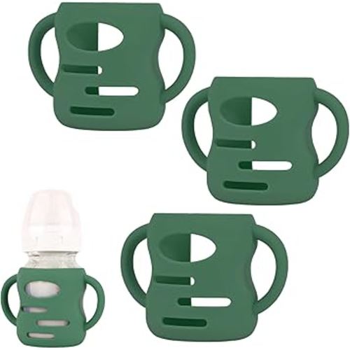 3 Pack Silicone Sleeves Compatible with Dr Brown Wide-Neck Glass Baby Bottles 5oz 150mL, 100% Silicone Handles for Sippy Cups for Toddlers 1-3,Anti Breakage (Green, 5 OZ)