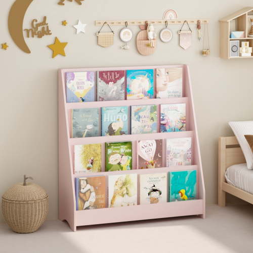 4-Tier Bookshelf,Kids Book Display Shelves,Toy Storage Organizer for Kids Room Playroom Nursery,Pink