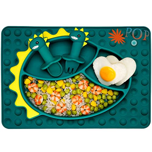 Silicone Toddler Dinosaur Feeding Placemat Set With Spoon and Forks, Baby Push Pop Bubble Suction Divided Plate Utensils, Kids Led Weaning Dish - Bubble Blue Dinosaur