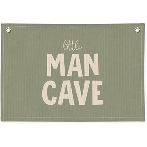 Little Man Cave Banner, Boys Room Decor, Sage Green Linen Canvas Banner Wall Hanging Flag Decor for Toddler Boy Nursery Playroom