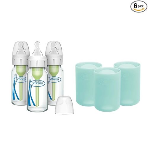 Dr. Brown's Anti-Colic Options+ Narrow Glass Baby Bottles 4 oz/120 mL, with Level 1 Slow Flow Nipple, 3 Pack 0m+ with Mint 100% Silicone Sleeves, BPA-Free