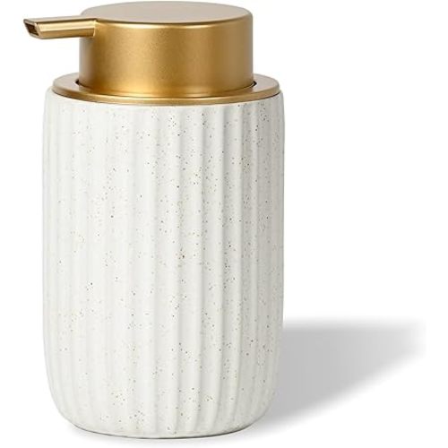 Speckled Matte White Ceramic Foam Soap Dispenser, 12 oz Refillable Pump with Golden Top, Elegant Foaming Dispenser for Bathroom or Kitchen, Speckled White