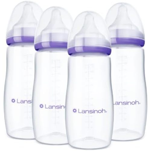 Lansinoh Anti-Colic Baby Bottles, BPA-Free Plastic, 11 Ounces, 4 Count, Fast Flow Nipples (Size F), Breastfeeding Bottle with NaturalWave Design