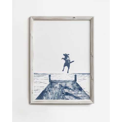 Happy Dog Jumps Off Dock | Summertime Dog Sketch Art | Coastal Cottage Decor | Boat House Artwork | Lake Water Pups Print for Dog Lovers
