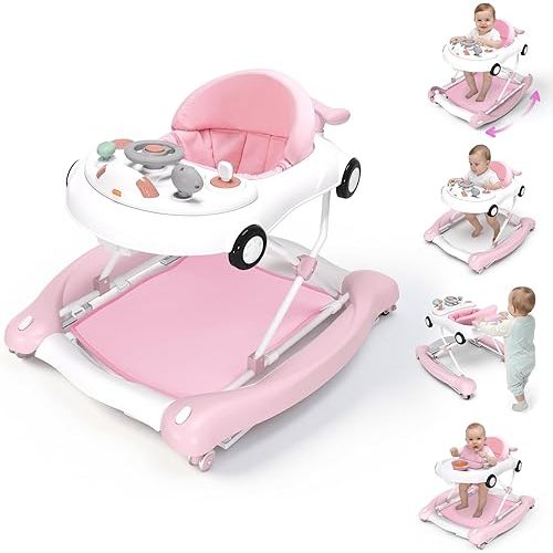 Baby Walker, 5-in-1 Baby Walker for Boys and Girls with Bouncer, Removable Footrest, Music, Foldable & Adjustable Speed Wheels Activity Walker for 6-18 Months Toddler Infant(Pink)