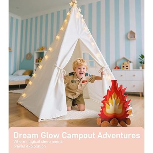 little dove Teepee Tent for Kids Foldable Teepee Play Tent with Carry Case, Banner, Fairy Lights, Olives Branches, Four Poles Style Raw White Color - New Version Tiny House