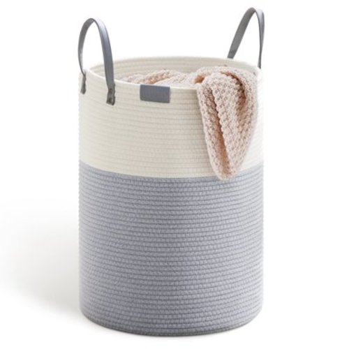 SOJERKI Cotton Woven Rope Laundry Hamper，30L Storage Decorative Laundry Basket for Blankets,Dirty Clothes,Toys,Plant Pot-Blue PU
