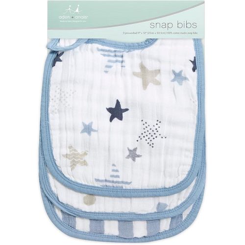 aden + anais Snap Bib, 100% Cotton Muslin, Soft Absorbent 3 Layers, Adjustable, 9” X 13”, 3 Pack, Rock Star, Blue Stars