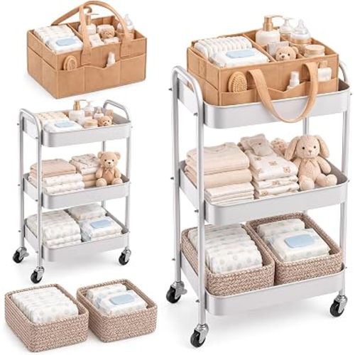 3 Tier Baby Diaper Caddy Rolling Cart, Detachable Top Diaper Bag & 2 Natural Woven Baskets, Carbon Steel Nursery Cart with Lockable Wheels for Newborn, Bedside, Bathroom, Living Room