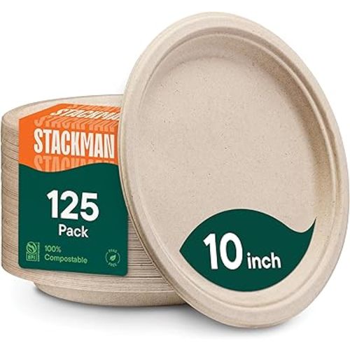 Paper Plates, 100% Compostable Heavy Duty Disposable 10 Inch Plate - [125-Pack] Eco-Friendly, Biodegradable Bagasse - (PFAS-Free) - (BPI Certified)