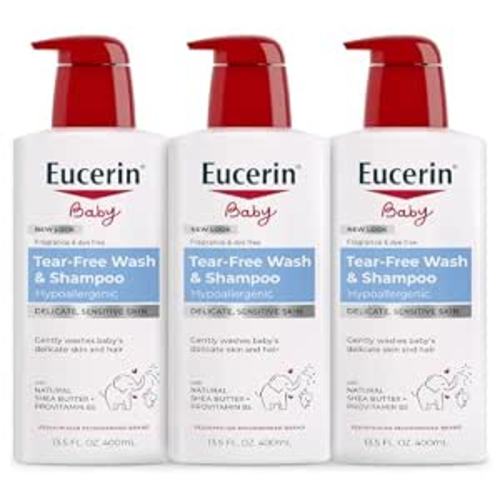 Eucerin Baby Unscented Baby Shampoo and Body Wash, Hypoallergenic, Tear Free Shampoo and Wash with Pro-Vitamin B5 and Shea Butter, 13.5 Fl Oz Bottle 3 pack