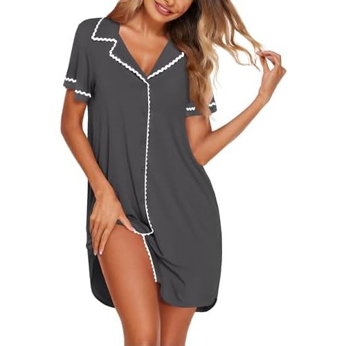 Ekouaer Nightgowns for Women Button Down Sleepshirt Short Sleeve Night Gowns Boyfriend Nightshirt Soft Sleepwear S-XXXL