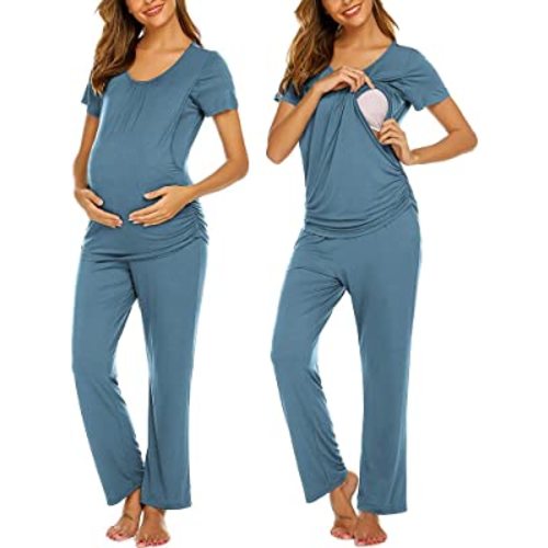 Ekouaer Women's Maternity Nursing Pajama Set Breastfeeding Sleepwear Set Double Layer Short Sleeve Top & Pants Pregnancy PJS