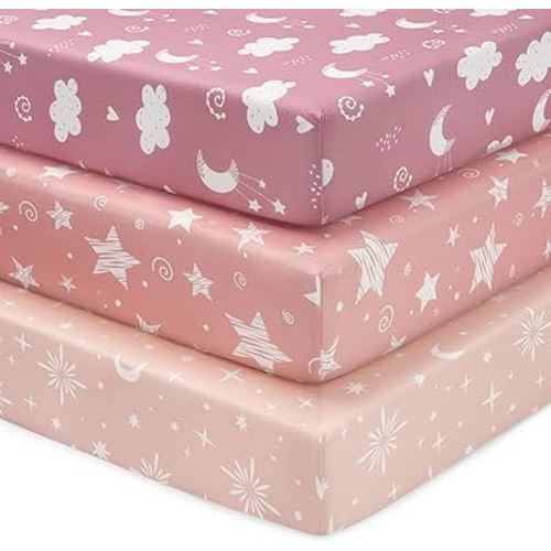 FIEMOL Baby Mini Crib Sheets Girl, Portable 38”x26” Pack and Play Sheets Fitted for Playard and Pack N Play Mattress, 3-Pack Soft Microfiber Pink Stars