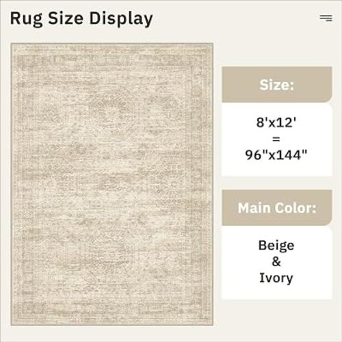 Soalmost Washable Area Rug 8x12, Large Soft Rugs for Living Room Vintage Beige Carpet 8x12 Area Rugs for Bedroom Dining Room Non-Slip Stain Resistant Under Table Rug
