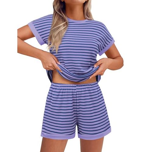 Ekouaer Two Piece Sets for Women Summer Striped Lounge Set Vacation Outfit | Casual Cute Waffle Knit Tops Shorts Sets with Pocket for Travel, Jogging, Cruise, Beach, Airport