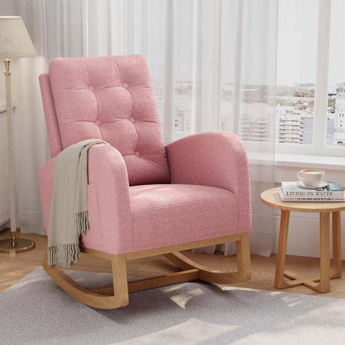 1 Glider Rocking Chair Wood Frame and Fleece Upholstery Ergonomic High Back 250 lbs Capacity for nurserys Living Room Pink