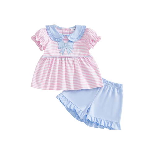 BemeyourBBs Toddler Baby Baby Girl Summer Clothes Infant Baby Girl 2 Pieces Outfit Bow Embroidered Striped Ruffled Trim Doll Collar Short Sleeve Shirt Tops and Shorts Set