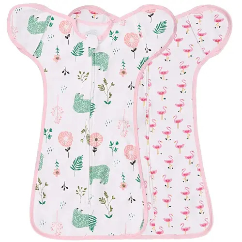 2 Pack Transition Swaddle with 2 Way Zipper, 2 in 1 Arms in/Out Transitional Arms Up Swaddle, 100% Cotton Newborn Swaddles Zipper Swaddles Baby Swaddling Sack Sleeping Sack 3-6 Months, Flamingo & Bear