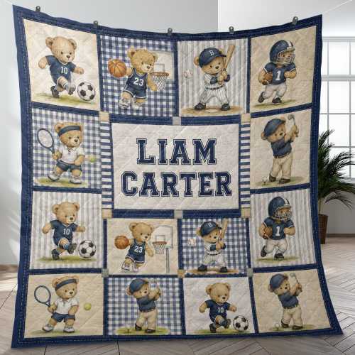 Personalized Sports Teddy Bear Blanket, Custom Name Patchwork Quilt, Boys Sports Nursery Blanket, Baby Shower Gift for Boys