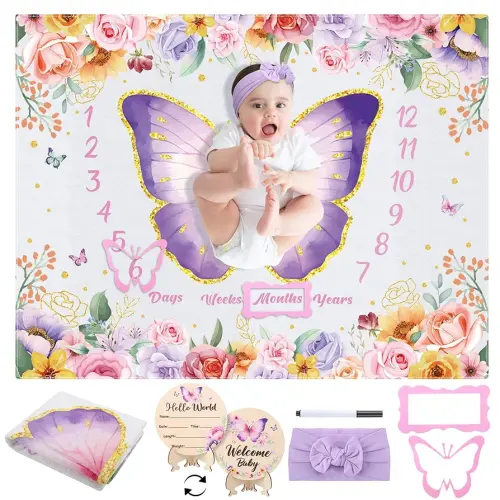 Butterfly Baby Milestone Blanket Set for Baby Girls, Floral Monthly Baby Milestone Blanket Baby Growth Blanket Newborn Photography Background with Wooden Signs, Frames, Bow Headband