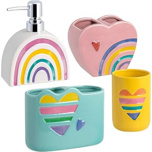 Allure Home Creation Rainbow Hearts 4-Piece Ceramic Bathoom Accessory Set